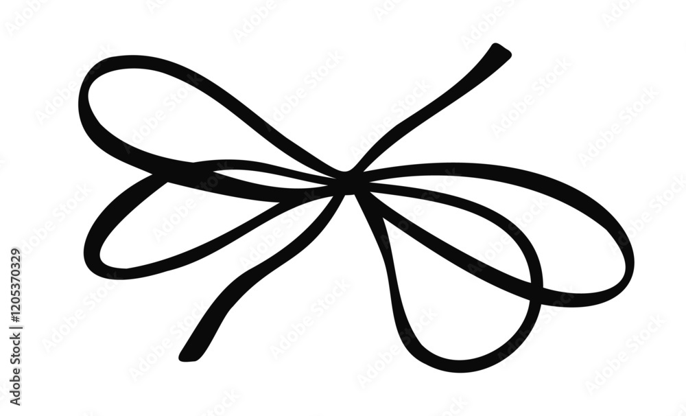 Hand drawn black bow isolated on white background. Vector illustration of whimsical ribbon bow-knot in minimalist style