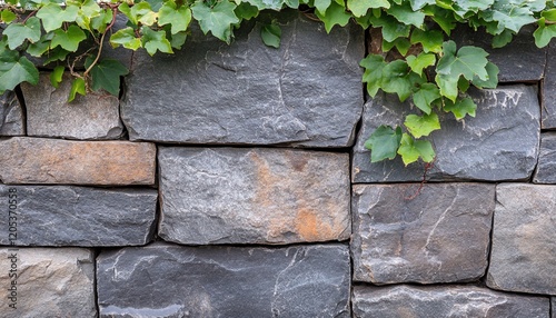 Lush climbing ivy accentuates a rugged stone wall, blending natural elements and textures for a harmonious outdoor aesthetic rooted in stone texture. photo