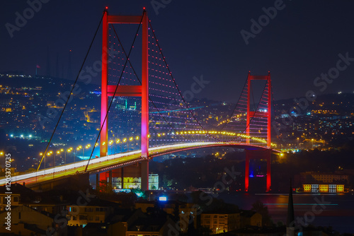 15 July Martyrs Bridge (15 Temmuz Sehitler Koprusu) Night Lights Drone Photo, Beylerbeyi Uskudar, Istanbul Turkiye (Turkey)