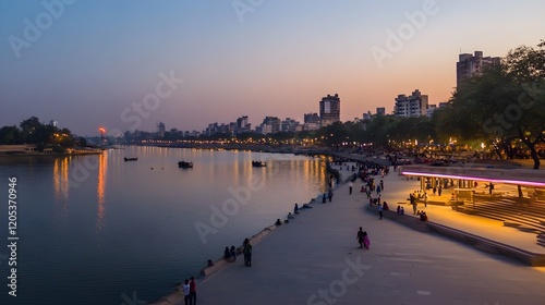 Panoramic Sunset View of Sabarmati Riverfront with Cityscape photo