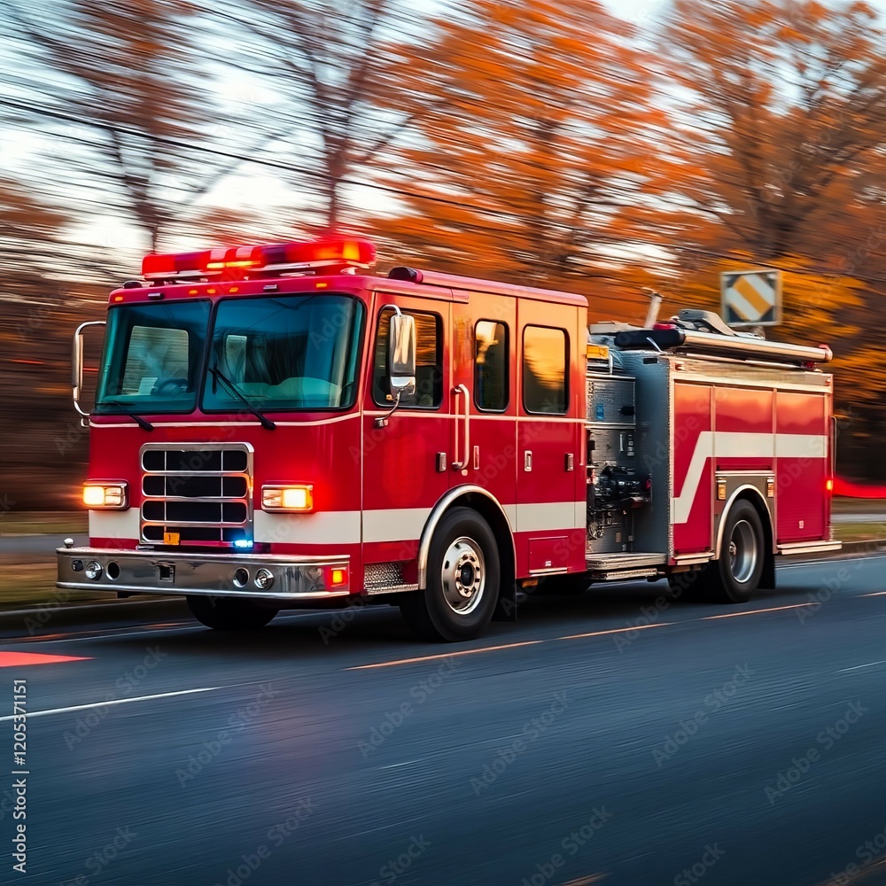 Fast moving red firetruck on autumn road. Emergency vehicle scene. Safety concept transportation
