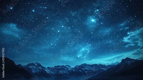 Majestic mountain landscape under a serene, starry night sky with the Milky Way stretching across the horizon, exuding tranquil beauty. Perfect for dreamlike and celestial themes.