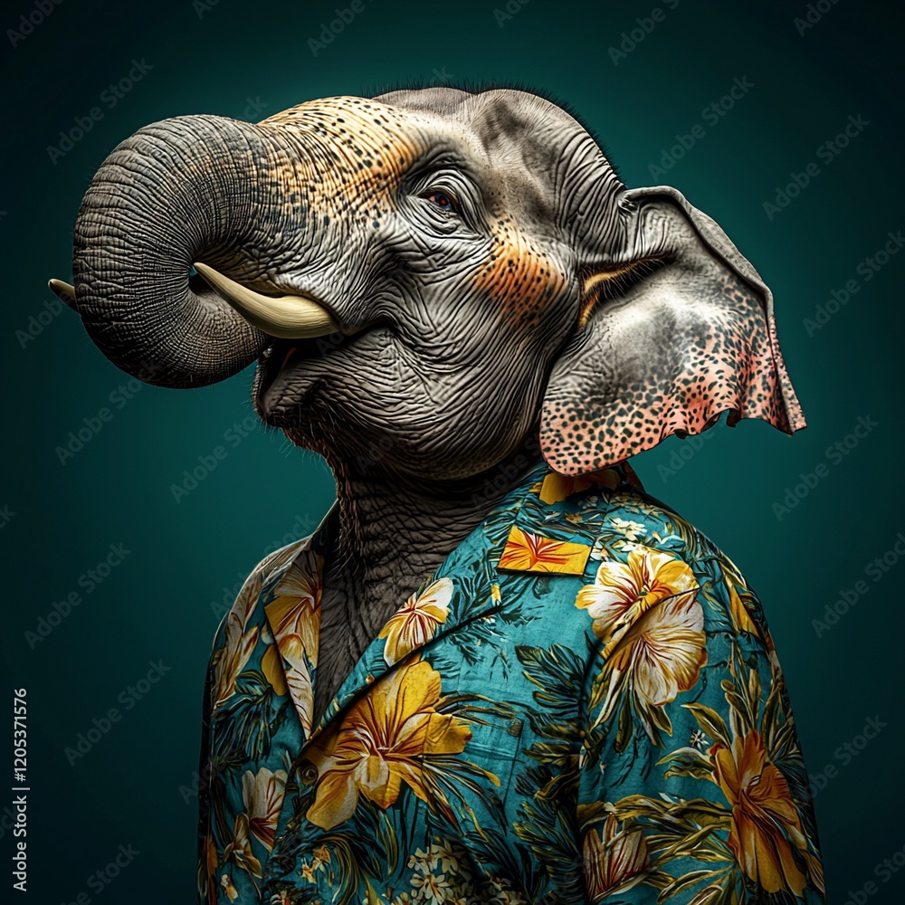 Obraz premium Happy Elephant in Hawaiian Shirt Tropical Animal Portrait Wildlife Photography