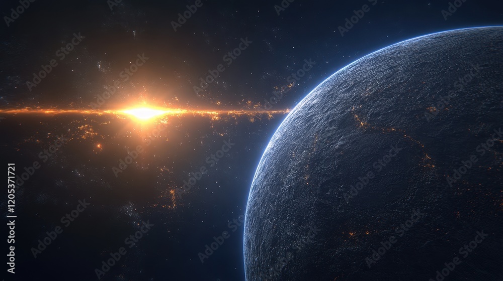 Naklejka premium A Planets Sunrise Glowing With City Lights