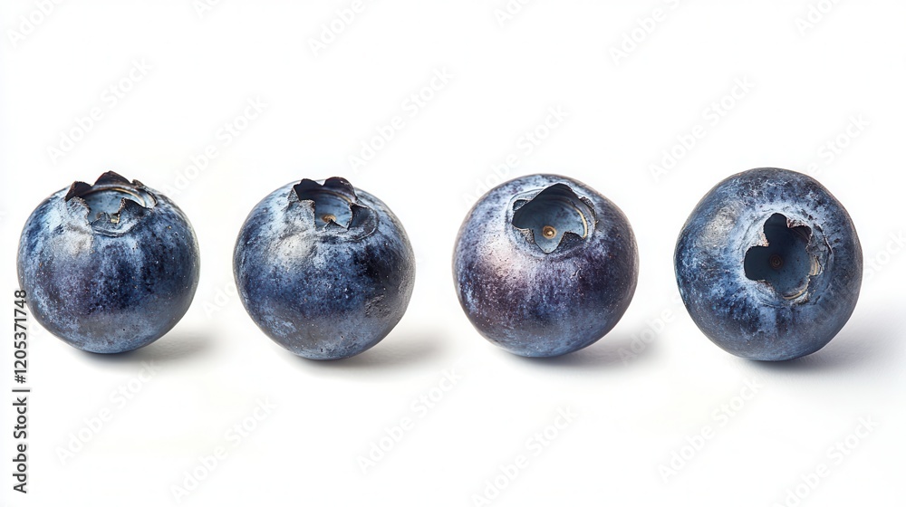 Three fresh blueberries arranged in a straight line on a clean white surface, showcasing their rich color and texture. Three fresh blueberries arranged in a straight line on a clean white surface, showcasing their rich color and texture.