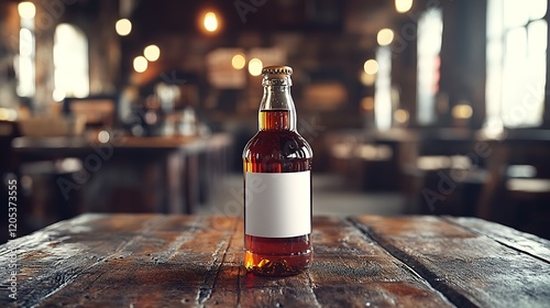 Beer Bottle Mock-Up with Craft Label in Vintage Rustic Bar – Perfect for Branding, Packaging, and Design Showcase photo