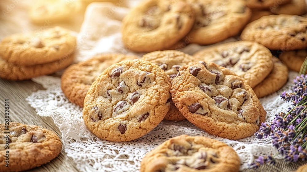 A plate of cookies with chocolate chips on top of a white cloth A plate of cookies with chocolate chips on top of a white cloth