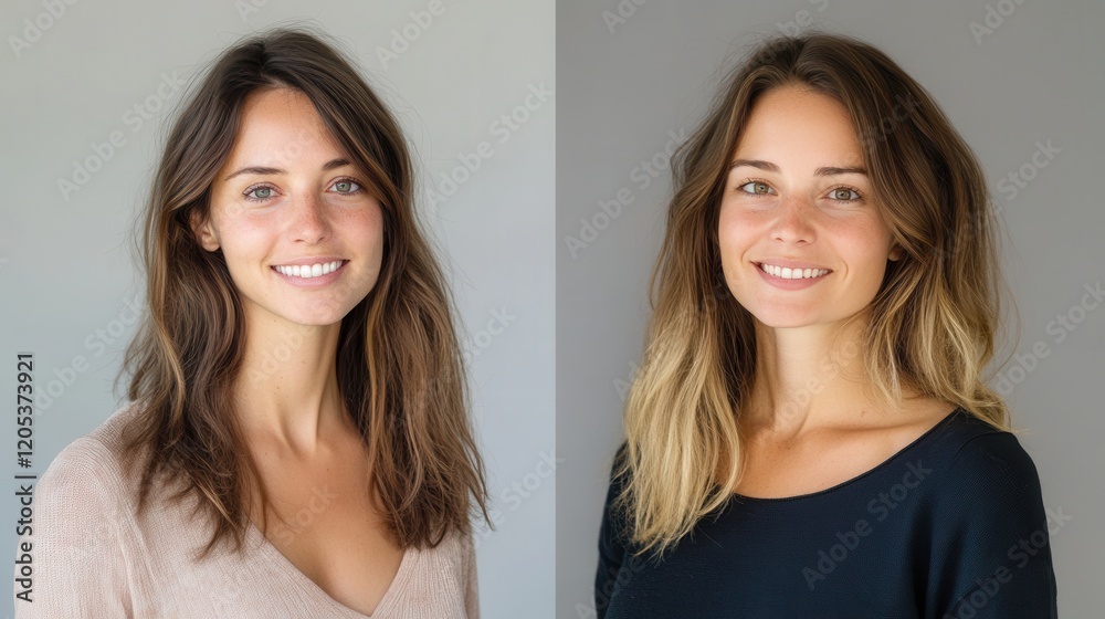 Two smiling women with long hair and blue eyes exude joy and friendship, capturing a moment of happiness and connection in a vibrant setting. Two smiling women with long hair and blue eyes exude joy and friendship, capturing a moment of happiness and connection in a vibrant setting.