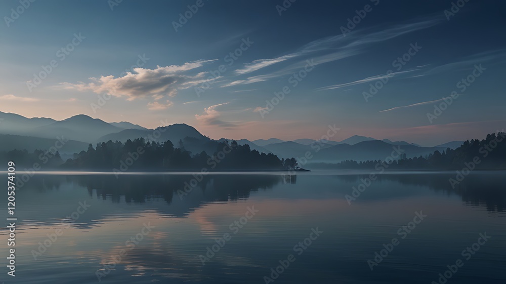 Fototapeta premium Serene landscape at dawn with mountains, trees, and calm water reflecting the sky.