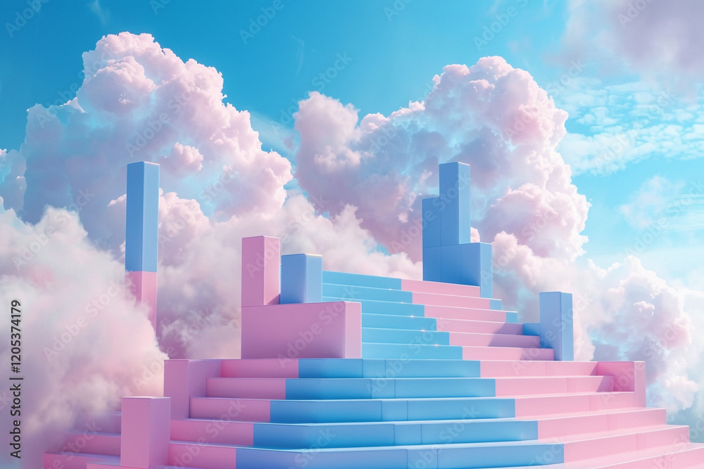 Fototapeta premium 3D Abstract Podium with Clouds in Pink and Blue Pastel Tones
