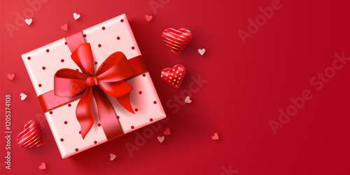 3d Present box composition with hearts and confetti. Happy Valentine's day.