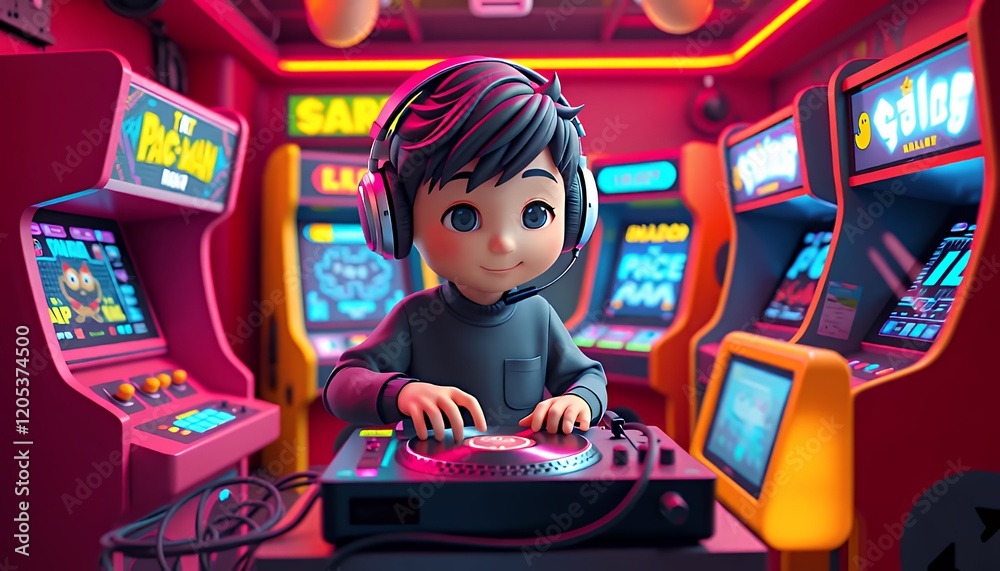 Fototapeta premium A young gamer joyfully mixes music amidst vibrant retro arcade machines, bathed in neon glow. This cheerful 3D-rendered illustration captures the energetic fusion of classic gaming and modern music cu
