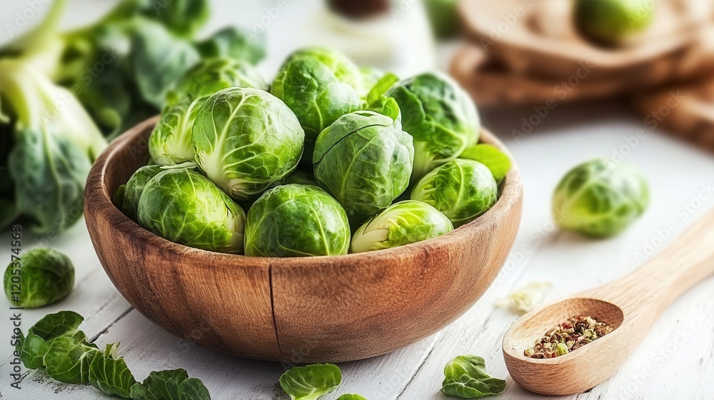 A detailed close-up of a bowl filled with fresh Brussels sprouts, accompanied by a rustic wooden spoon, showcasing vibrant colors and textures. A detailed close-up of a bowl filled with fresh Brussels sprouts, accompanied by a rustic wooden spoon, showcasing vibrant colors and textures.