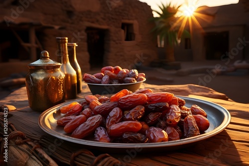 A close-up shot of dried dates placed on a surface, with a blurred date palm plantation in the background, showcasing the rich texture and deep color of the fruits in high definition. photo