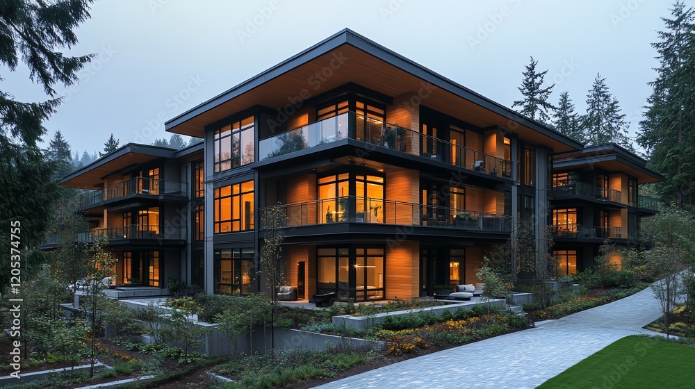Modern apartment building, dusk, forest setting, landscaped walkway Modern apartment building, dusk, forest setting, landscaped walkway