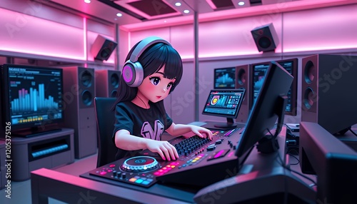 Anime Girl Music Producer in a Neon-Lit Studio: A Digital Art Illustration of a Focused Young Woman Working on Music Production in a Modern and Stylish Recording Studio, Using Advanced Technology and 