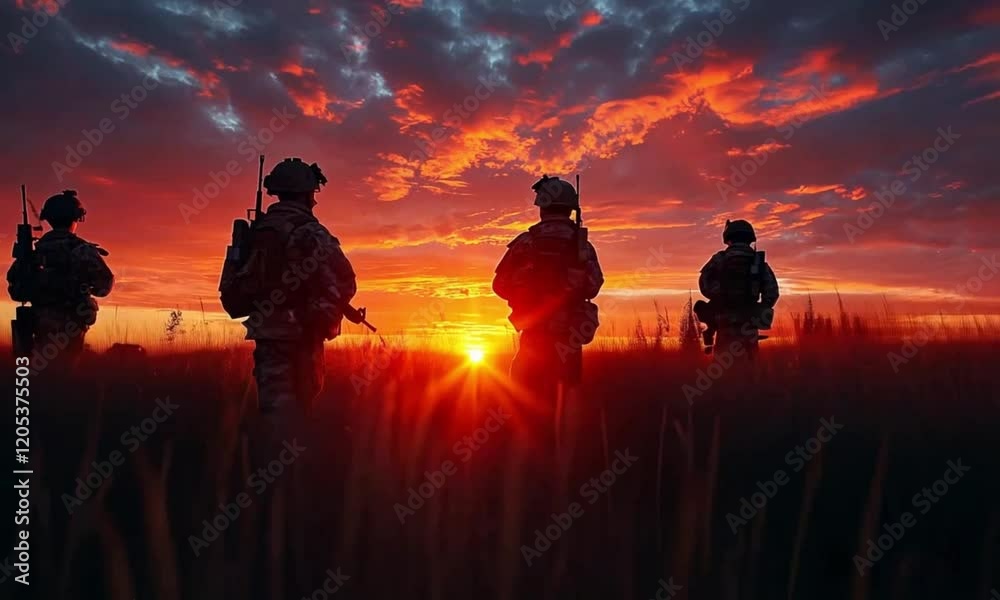  A team of soldiers in combat uniforms and helmets walks on the grassland