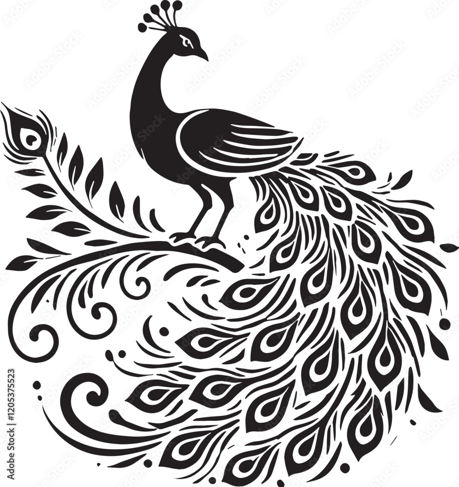 Obraz premium Black Color Peacock Silhouette Vector Illustration, Solid White Background. minimal vector design