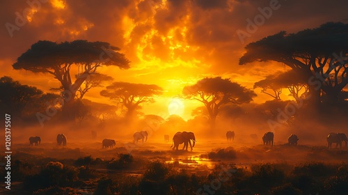 African savanna sunset elephant herd drinking, misty sunrise