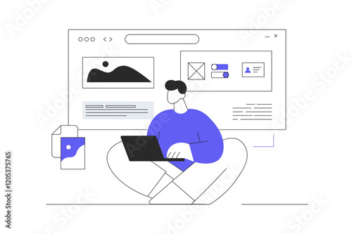 Web Designer concept. UX, UI design, website layout, composition and color development. Freelancer working on web and application development. Flat Cartoon Vector Illustration, icon. Stylish abstract 
