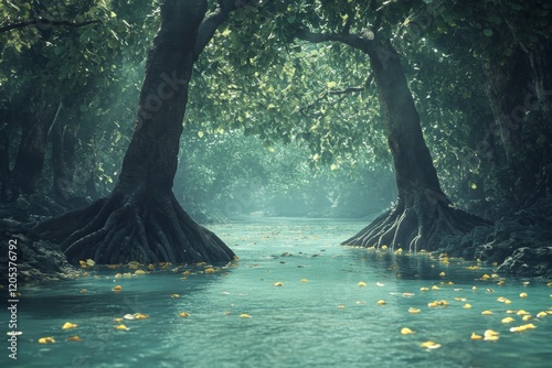 Tranquil mangrove forest with turquoise river  a serene connection to nature s beauty photo