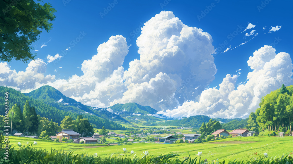Fototapeta premium 夏空と入道雲が広がる日本の田舎風景