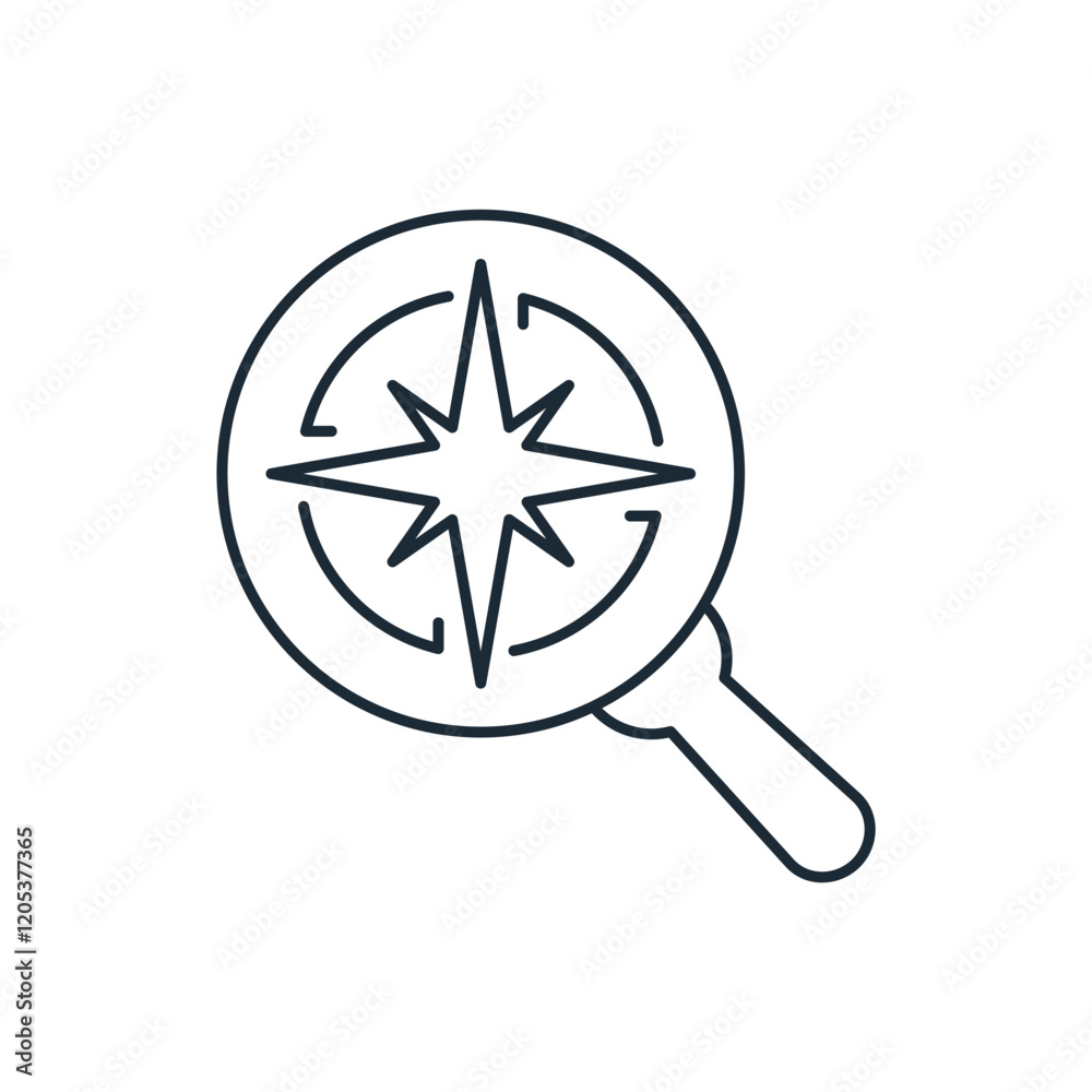 Magnifying glass with wind rose. Equipment for selecting direction, location search.Vector linear icon isolated on white background. Magnifying glass with wind rose. Equipment for selecting direction, location search.Vector linear icon isolated on white background.