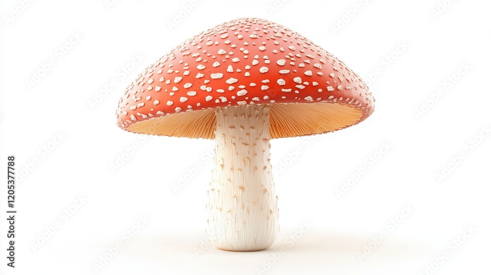 A vibrant red and white mushroom stands out against a clean white background, showcasing its unique color and shape. A vibrant red and white mushroom stands out against a clean white background, showcasing its unique color and shape.