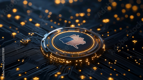 Digital representation of the united states flag on a circuit board technology visualization abstract art digital environment close-up perspective
