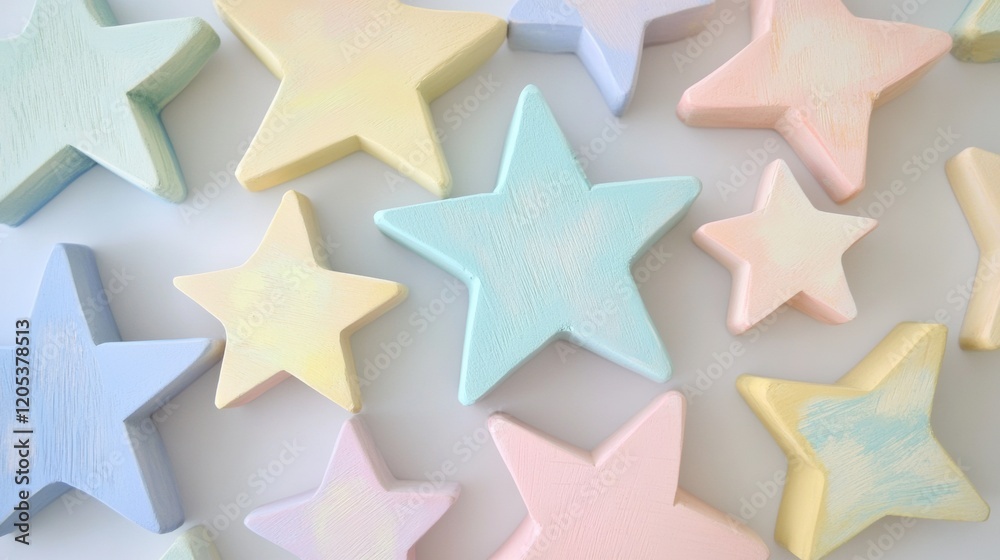 Obraz premium Cute star for nursery, featuring small wooden stars painted in pastel colors, perfect for creating a dreamy and soothing environment