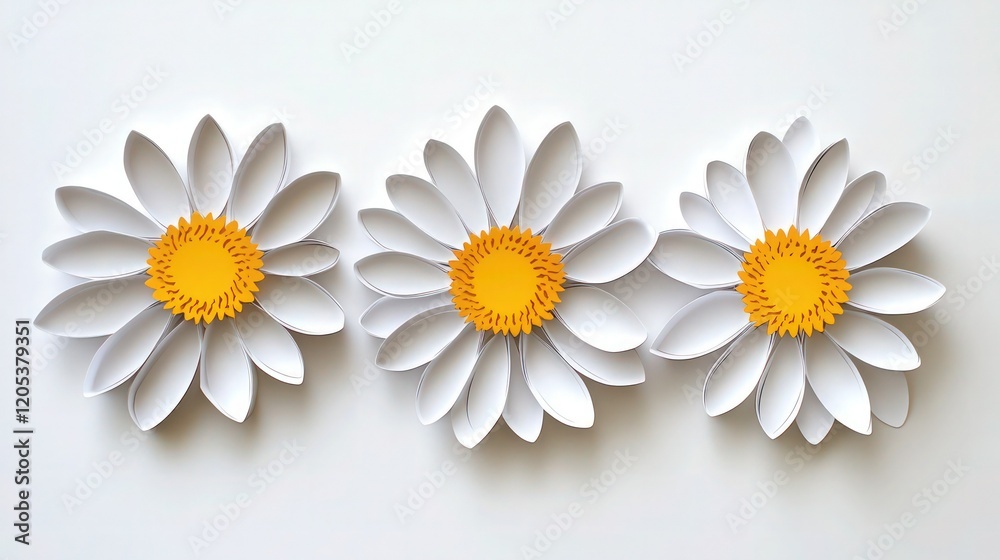 Obraz premium Three stylized daisy flowers featuring white petals and yellow centers are isolated on a white background, perfect for clean graphic design templates.