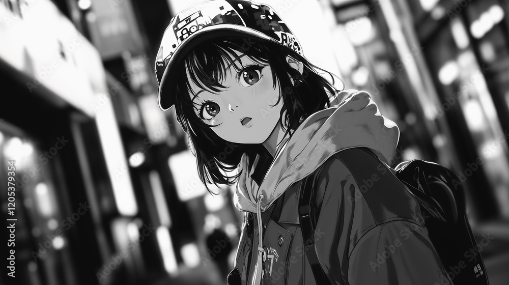 Fototapeta premium Young girl in urban street setting wearing a cap and casual clothing during evening hours