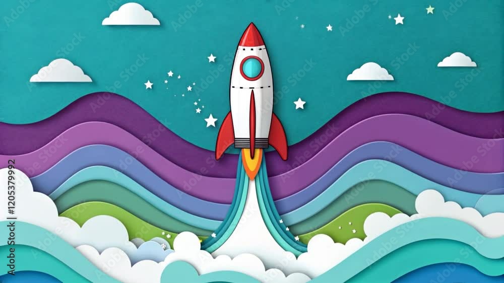 A colorful paper-cut style illustration of a rocket launching through vibrant waves and clouds against a bright blue background.