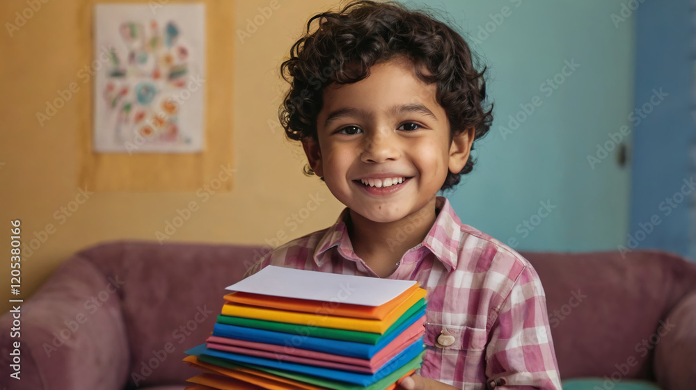 Fototapeta premium Happy Child Holding a Stack of Colored Papers