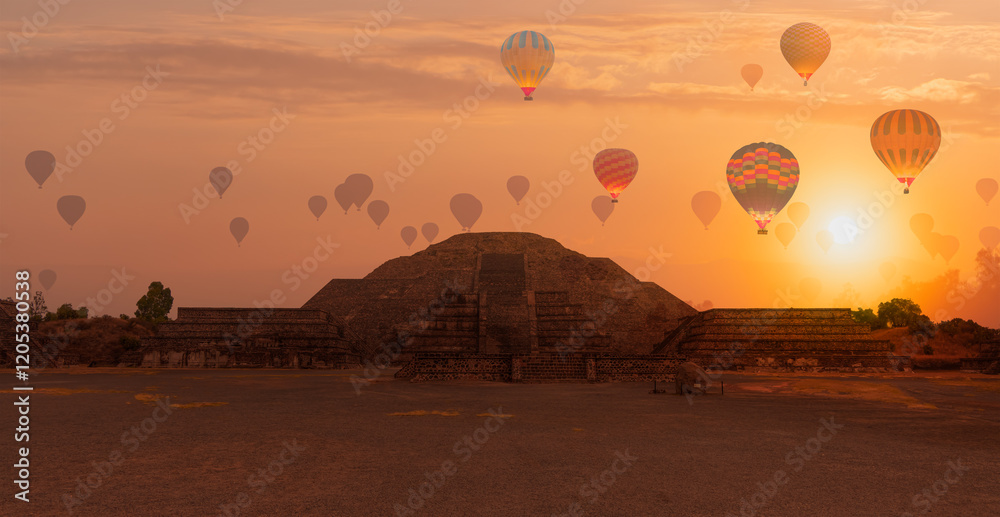 Φωτογραφία Hot air balloon flying over Teotihuacan pyramids complex located in Mexican Highlands and Mexico Valley close to Mexico City