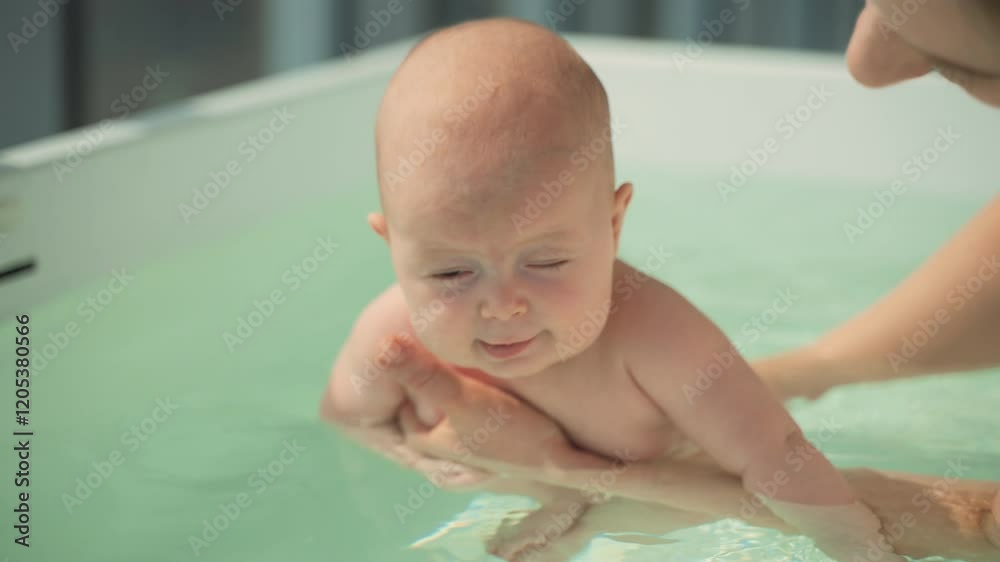 Three-month-old girl enjoys water experience while being held by adult woman. Activity promotes sensory development and early interaction baby with water. Concept of early childhood growth Three-month-old girl enjoys water experience while being held by adult woman. Activity promotes sensory development and early interaction baby with water. Concept of early childhood growth