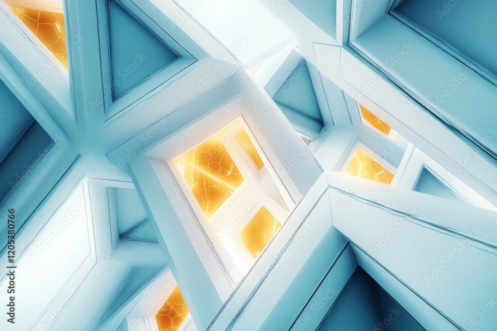 Obraz premium Futuristic architectural wall featuring hexagonal honeycomb pattern with warm golden glow