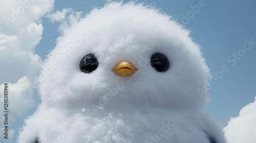 Fluffy white cloud shaped like adorable birds penguins bright blue sky soft serene ambiance nature whimsical fantasy element stunning visual art series cute wallpaper nursery room decor fantasy photo