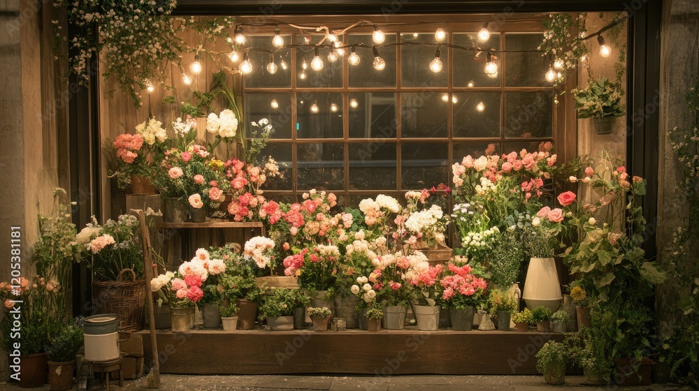 A charming flower shop window display with a mix of vibrant blooms and greenery, surrounded by string lights and rustic decor A charming flower shop window display with a mix of vibrant blooms and greenery, surrounded by string lights and rustic decor