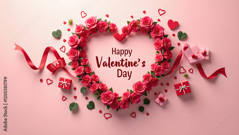 Happy Valentine's Day, Red Roses Heart, Gifts, and Ribbons Happy Valentine's Day, Red Roses Heart, Gifts, and Ribbons