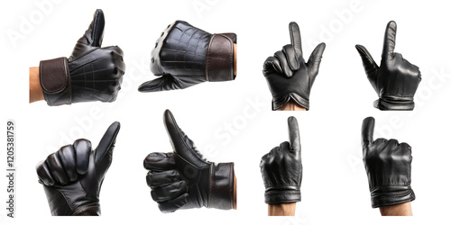 Hand in leather glove gestures in different positions, set collection, mega bundle, isolated on transparent background photo