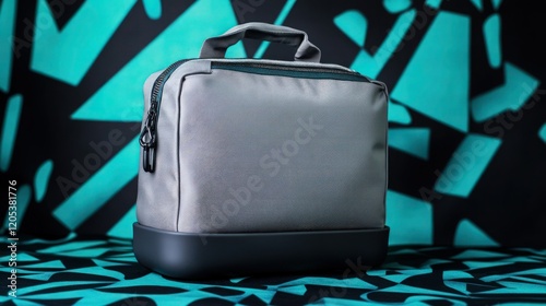 A compact grey cooler bag with a sturdy zipper and rubberized base, positioned against a vibrant black and aquamarine blue background featuring abstract geometric patterns. photo