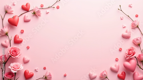 Pink Valentine's Day Background with Hearts and Flowers