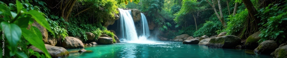 Dense green foliage surrounds a tranquil waterfall cascading into a crystal-clear pool , water, waterfall, forest
