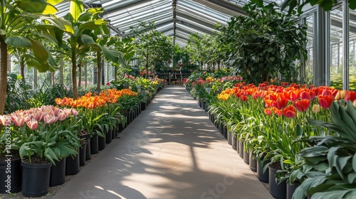 A Dutch flower bulb nursery bursting with vibrant red and orange tulips, thriving in long rows under a bright spring sky. photo