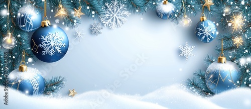 Festive Blue Christmas Ornaments Winter Scene