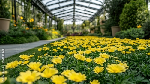 A greenhouse full of blooming yellow daisies, their vibrant color creating a stunning background with plenty of space for text.