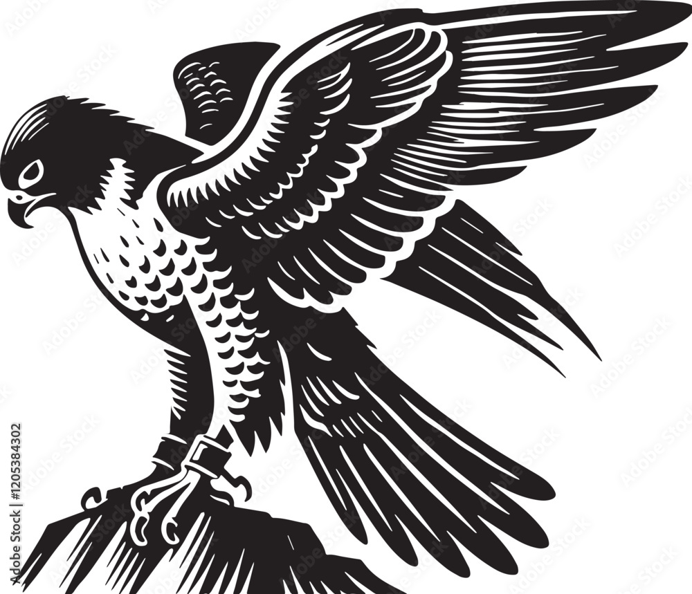 Naklejka premium Black Color Peregrine Falcon Silhouette Vector Illustration, Solid White Background. minimal vector design
