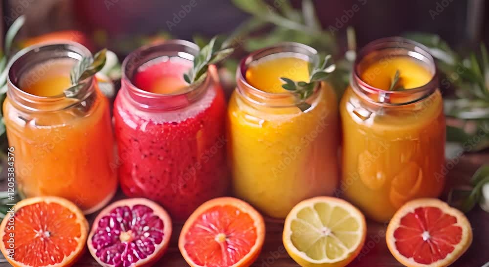 Four Colorful Citrus Fruit Juices in Mason Jars with Rosemary Garnish Four Colorful Citrus Fruit Juices in Mason Jars with Rosemary Garnish