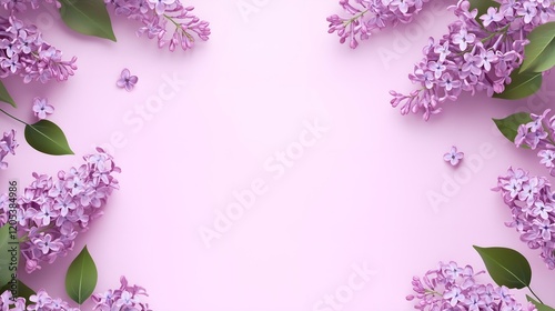  Delicate lilac blossoms with green leaves framing a soft pink background
